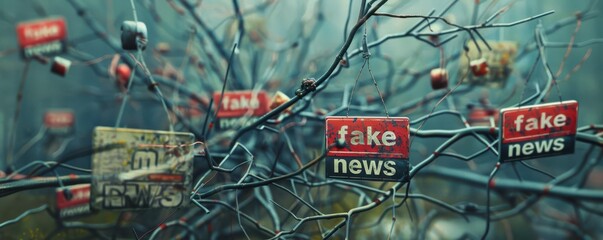 Fototapeta premium Tangled web of fake news signs representing misinformation in media.