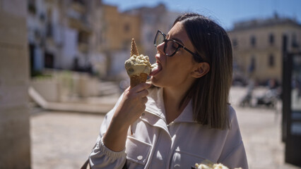 A young hispanic woman enjoying ice cream on the sunny streets of bari in the old town area of puglia, italy, amid historic buildings and a lively atmosphere.