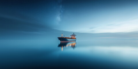 Oil tanker docked in an offshore dock at night or dawn sea. Backbone of global trade and logistics. beautiful stars in the dusk night sky. Generative AI.
