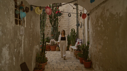 Young hispanic woman beautifully strolling through the charming streets of polignano a mare in puglia, italy, surrounded by potted plants and quaint decorations.