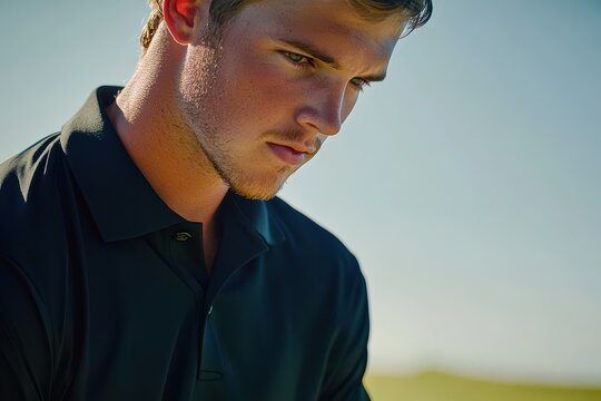 Confident young golfer focused and preparing to tee off under clear blue skies, showcasing determination and concentration on a bright, sunny day on the golf course. - Powered by Adobe