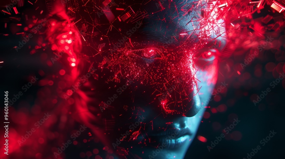 Poster a striking digital portrait featuring a face with red glowing effects and abstract digital elements.