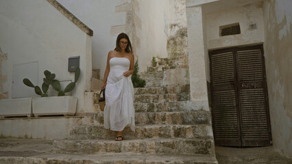 Fototapeta premium A young hispanic woman in a white dress walks down stone stairs in the charming old town of ostuni, puglia, italy, carrying a wicker bag.