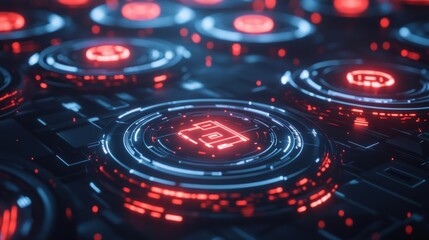 A futuristic digital interface with glowing red elements and circular designs.
