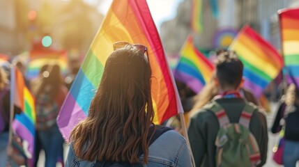 A festive crowd participates in an LGBTQ pride parade, holding colorful rainbow flags. The back view of a woman highlights the vibrant atmosphere and the communal spirit as they march through the city