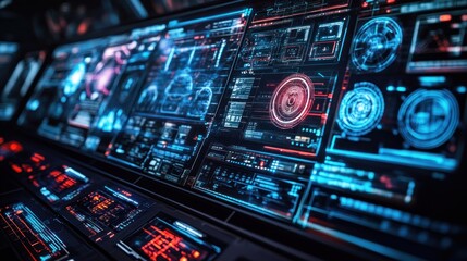 Obraz premium A futuristic dashboard displaying complex data and analytics in vibrant colors.