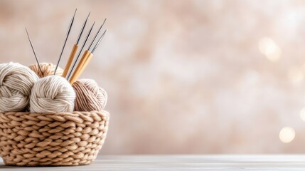 A braided basket holds vibrant knitting yarn and needles atop a table, complemented by a soft beige knitted blanket and dreamy bokeh lights in a modern interior.