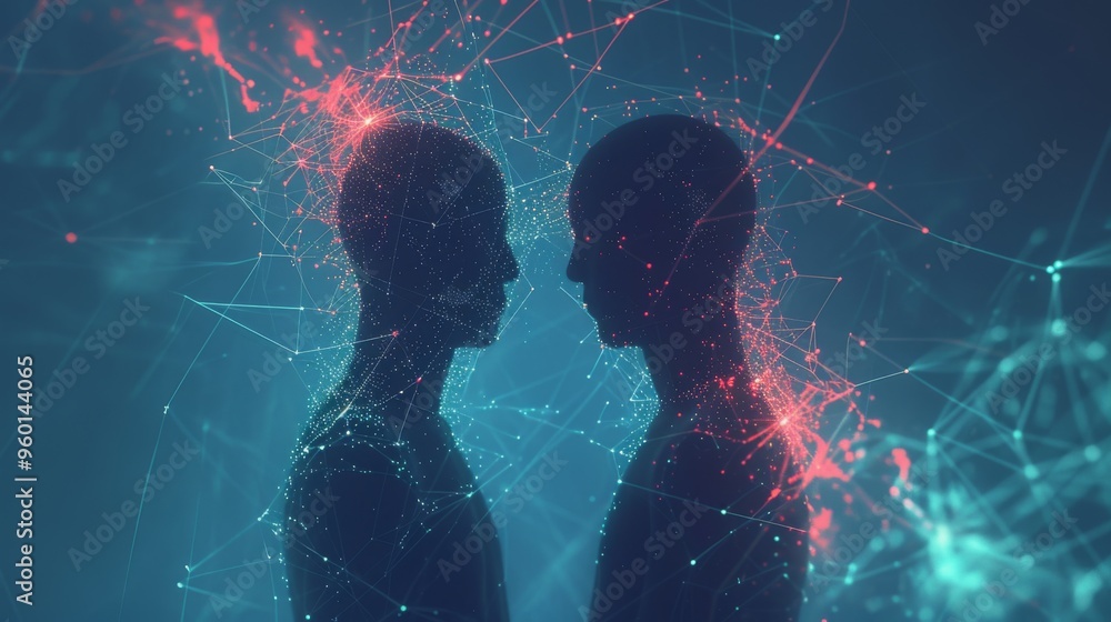 Poster two humanoid ai figures connected by intricate digital networks. the image showcases a futuristic co