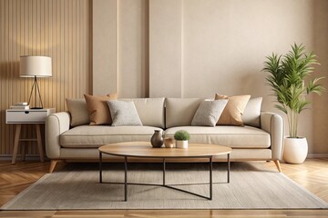 Round accent coffee table near beige sofa against wall with frame. Minimalist interior design of modern living room
