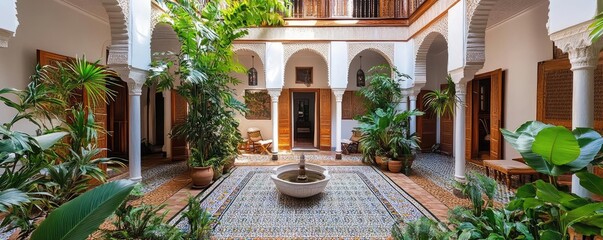 A traditional Moroccan riad with an open courtyard, intricate tilework, and lush greenery, showcasing the harmony between indoor and outdoor spaces