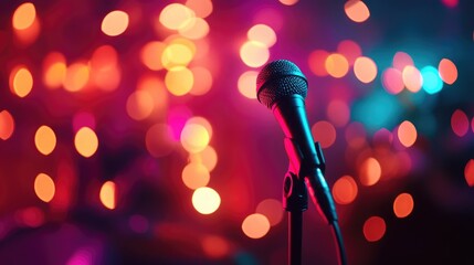 Obraz premium Close-up of a microphone stand on stage, surrounded by vibrant bokeh lights, ready for the upcoming performance.