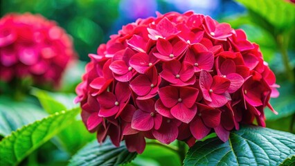 Fototapeta premium Vibrant red hydrangea flower in full bloom, red, hydrangea, flower, vibrant, bloom, garden, nature, plant, summer, blooming