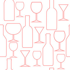 Vector drink seamless pattern. Bottles and glasses seamless texture. Wine alcohol background.