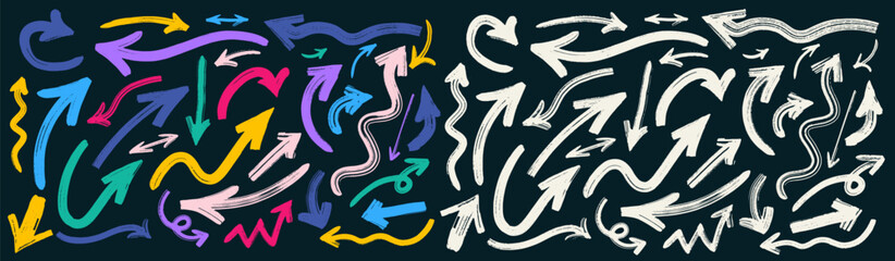Big set of organic grunge bold arrows shapes, curved lines. Template geometric in old Memphis style. Design grunge swirl pastel brush stroke, curly, straight lines. Vector Hand drawn geometric pattern