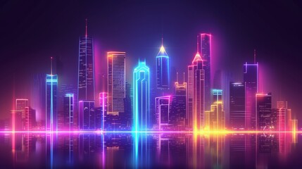 Fototapeta premium A breathtaking skyline of a city illuminated by neon lights, reflecting on the water at night. The vibrant colors and glowing buildings create a stunning contrast against the dark sky, showcasing a