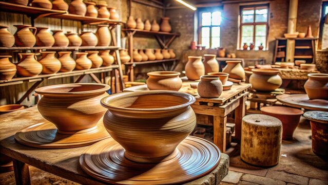 Tont?pfe in einer antik anmutenden Werkstatt get?pfert als Hobby oder im Handwerk, Tont?pfe, Werkstatt, antik, Handwerk