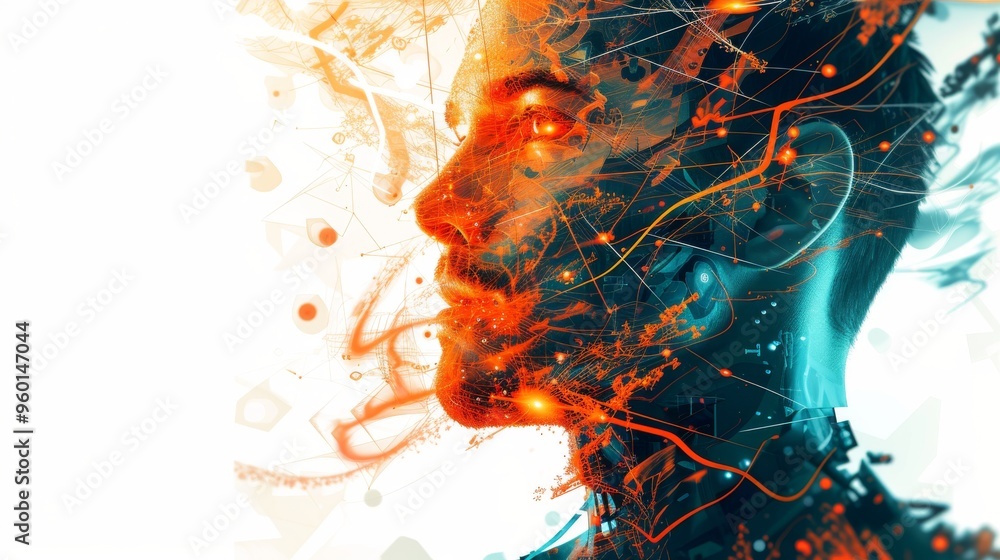 Poster a striking digital portrait featuring a blend of abstract elements and vibrant colors. the man's fac
