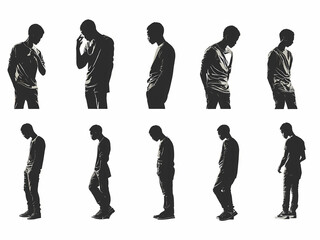 silhouette of a man, multiple poses and expressions, isolated, illustration	
