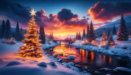 Obraz premium A winter landscape at dusk featuring a beautifully illuminated Christmas tree adorned with lights and a tranquil river reflecting the vibrant hues of a sunset