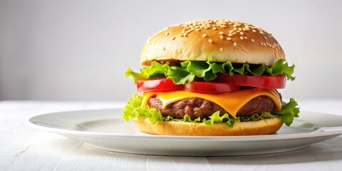 Delicious hamburger served on a clean white plate, burger, fast food, meal, lunch, dinner, tasty, grilled, beef, lettuce