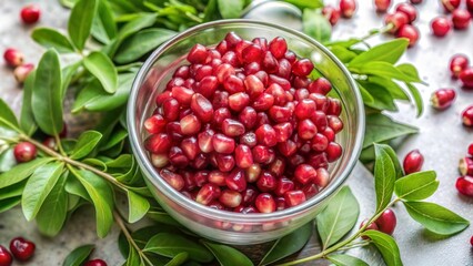 Fresh Pomegranate Seeds in Bowl with Green Leaves, Immune-Boosting Superfood