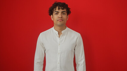 Handsome young hispanic man wearing a white shirt isolated on a red background, portraying casual style.