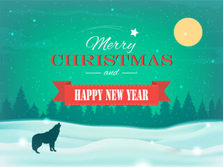 Fototapeta premium Christmas background. Merry Christmas and Happy New Year greeting card. Winter landscape with snow trees and reindeer. Vector illustration