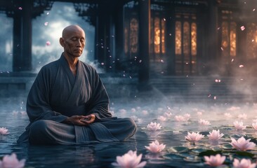 Fototapeta premium An Asian monk meditates in a lotus position, surrounded by mist and pink flowers floating on the water surface of an ancient temple courtyard. He has a kind face with closed eyes, wearing gray robes