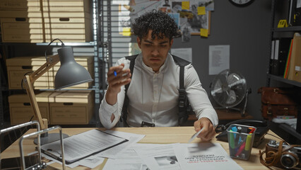 A focused hispanic man analyzes evidence in a cluttered detective's office, amidst documents and investigation tools.