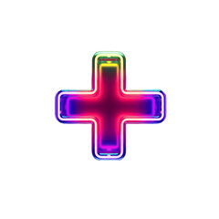 Fototapeta premium A colorful cross or plus symbol glows brightly in neon hues in transparent background