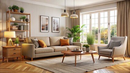 Soft, comfortable seating is effortlessly arranged in a cozy circle, with a plush area rug adding texture and