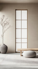 Living room interiors with a large window filling the room with lighting next to the minimalist furniture. Scandinavian room interior design