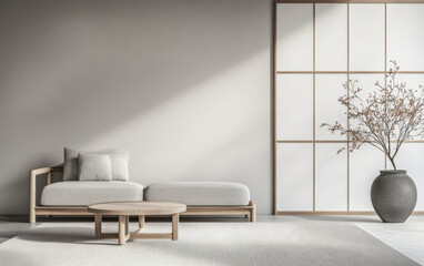 Living room interiors with a large window filling the room with lighting next to the minimalist furniture. Scandinavian room interior design