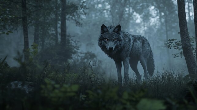 silhouette of a wolf in a misty autumn forest landscape view of wildlife