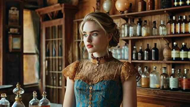 Vintage Woman in a Western Saloon Interior