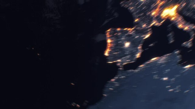 Flying Around the World Beautiful View from Space Seamless. Moving Fast Over Dark Planet. Night Cities Light on Earth Looped 3d Animation. Global Business and Technology Communications Concept 4k.