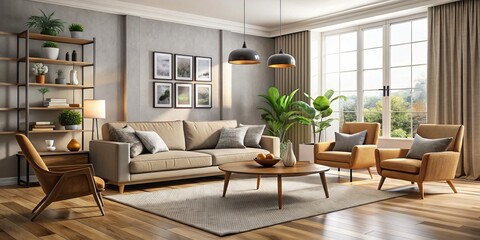 Fototapeta premium Soft gray walls envelop a plush cream-colored couch and matching armchair, surrounded by wooden accents and a statement