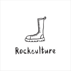 Hand drawn boot illustration and word RockCulture. Vector boot image with scratched texture, grunge vector concept on a white background.