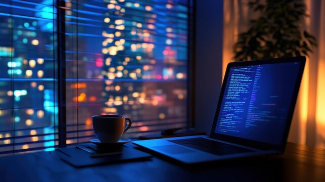 An open laptop shows coding while a coffee cup rests nearby, overlooking a bright city skyline at night through window blinds