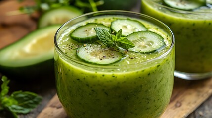Refreshing Green Gazpacho Smoothie in Glass with Avocado and Cucumber Garnish