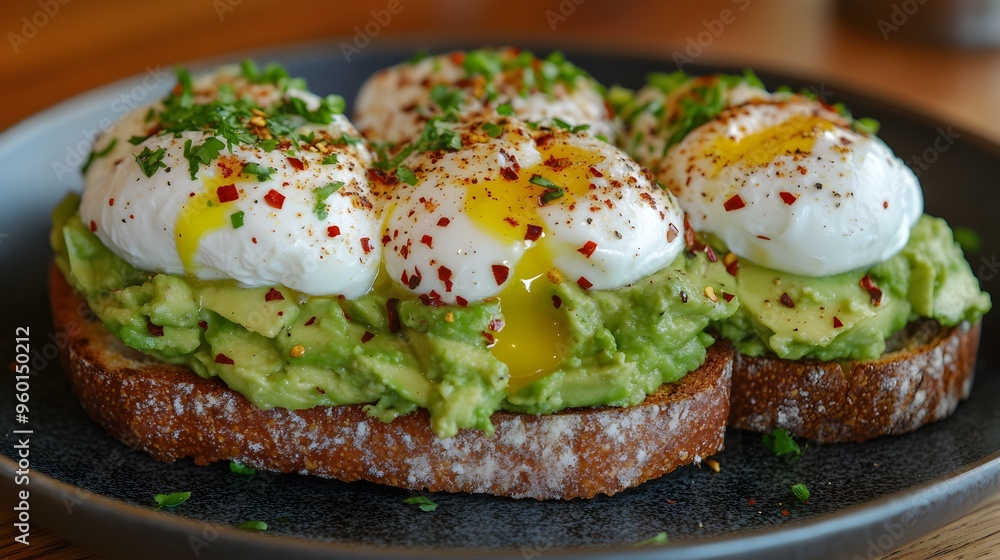 Poster smashed avocado toast with poached eggs on rustic sourdough bread