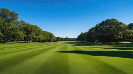 Naklejka premium Empty fairway of a golf course under a clear blue sky, with perfectly manicured grass and a peaceful ambiance.