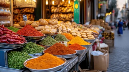 Fototapeta premium A street market in Morocco, with vendors selling colorful spices, fresh bread, and grilled meats