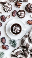 Obraz premium An assortment of Ramadan cookies, dates, and metallic teacups filled with black tea create a warm atmosphere, perfect for sharing during the holy month of Ramadan