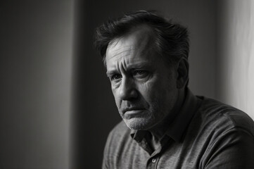 Depressed middle-aged man on muted background. emotional depth of depression, Mental health concept, side face view.