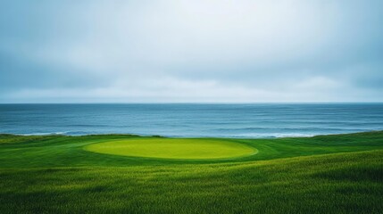 Empty golf course by the sea, with waves gently lapping nearby, creating a peaceful setting for a day of play.