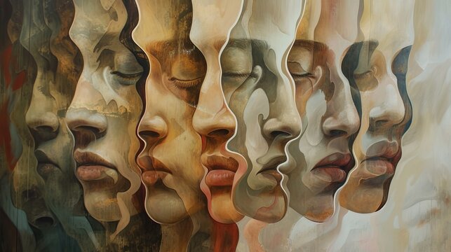 An abstract artistic depiction featuring multiple faces in profile, blending seamlessly into one another. The varying skin tones and facial expressions create a rich tapestry of diversity and unity