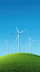 Wind turbines on a grassy hill under a clear blue sky, with birds flying in the background, realistic photograph, 8k,