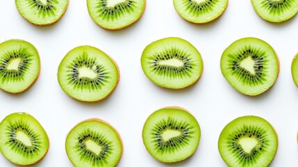 Fototapeta premium Freshly Sliced Kiwi Rings Arranged in a Perfect Pattern on White Background, Showing Vibrant Green Colors and Clean Aesthetic