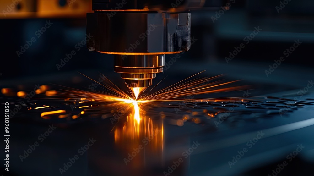 Poster A laser cutting machine in operation, emitting sparks while processing a metal sheet.